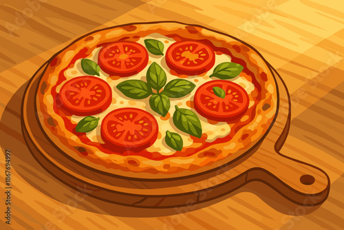 Gourmet Pizza Delight. Gourmet pizza topped with fresh tomatoes, basil, and mozzarella resting on a vector illustration wooden