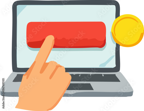 A flat vector illustration shows a hand pressing a red button on a laptop screen next to a gold coin icon, representing online donations or digital actions.