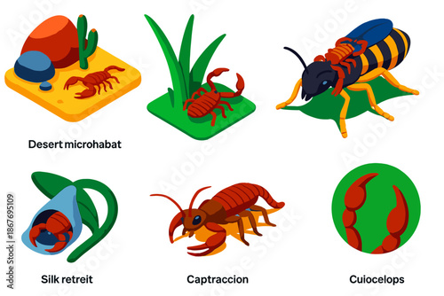 Pseudoscorpion Adventures. Isometric vector illustration set Pseudoscorpions: desert microhabitat, pseudoscorpion ambush, phoretic