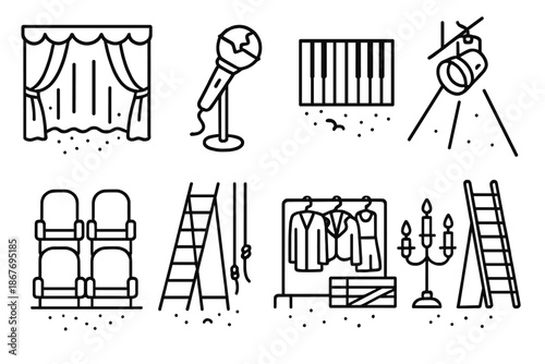 Abandoned Stage Icons. Line style icons of abandoned stage: faded curtain, broken microphone, piano keys, spotlight beam; dusty