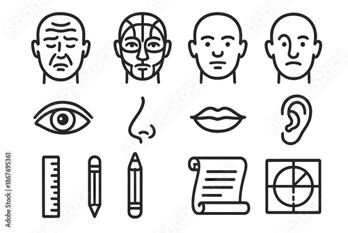 Character Reading Icons. Line style icons of Character Reading: Forehead Wrinkle Reading, Face Mapping, Character Assessment,