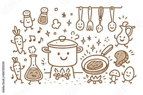 Dancing Kitchen Doodles. Whimsical doodle kitchen lab with smiling pots and pans, cartoon ingredients dancing, tiny sparks