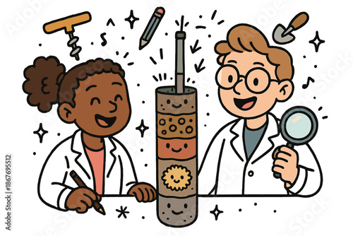 Joyful Sediment Analysis. Playful doodle sediment core analysis with cheerful scientists, cartoon layers of soil and pollen