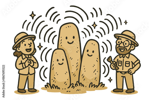 Cheerful Doodle Megaliths. Cute doodle megalith resonance illustration with cheerful stones, cartoon waves curving and echoing,