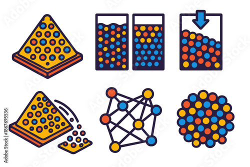 Granular Physics Illustration. Isometric vector illustration set Physics of granular materials: granular heaps, mixed particle