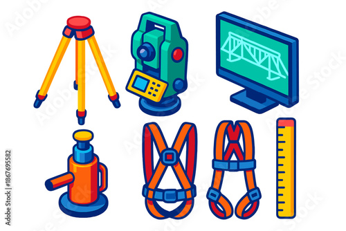 Bridge Engineering Tools. Isometric vector illustration set Bridge Engineering Tools: surveying tripod, total station, CAD monitor