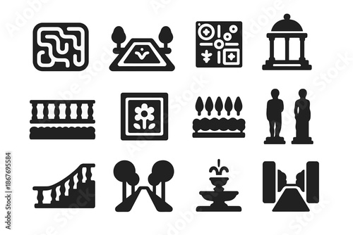Formal Garden Icons. Solid style icons of formal gardens: hedge maze, reflecting pool, symmetrical plan, pavilion, balustrade