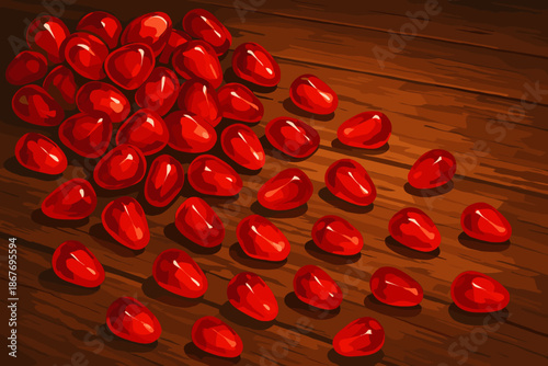 Pomegranate Seeds Spill. Vibrant pomegranate seeds vector illustration spilling onto a rustic wooden table, illuminated by soft