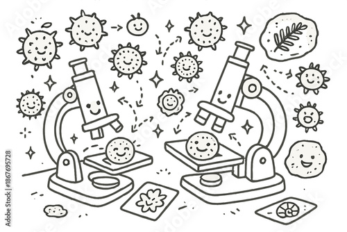 Whimsical Lab Doodles. Whimsical doodle palynology lab with smiling microscopes, cartoon pollen grains bouncing, cheerful fossil