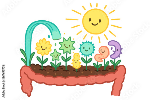 Glowing Microbe Garden. Healthy gut garden with microbes as glowing flowers, fiber as water, and sunshine beaming down happily No