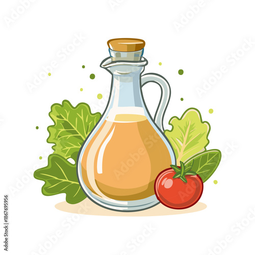 Bottle of salad dressing with lettuce and a tomato, illustration for cooking concepts