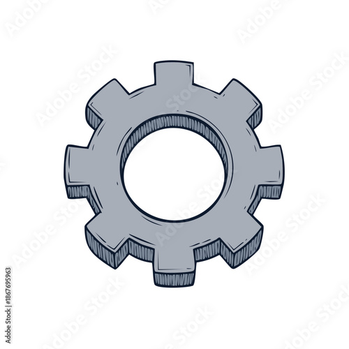 Isolated vector illustration of metal gear, engineering component in the hand-drawn style, machine element, round shape, cogwheel, mechanics