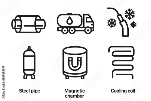Industrial Cryogenics Icons. Line style icons of Industrial Cryogenics: steel pipe insulation, liquefied gas transport, welding