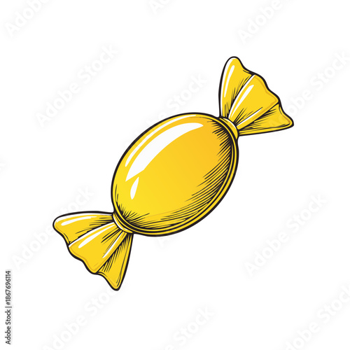 Single wrapped yellow candy isloated on white for packaging designs and party decorations