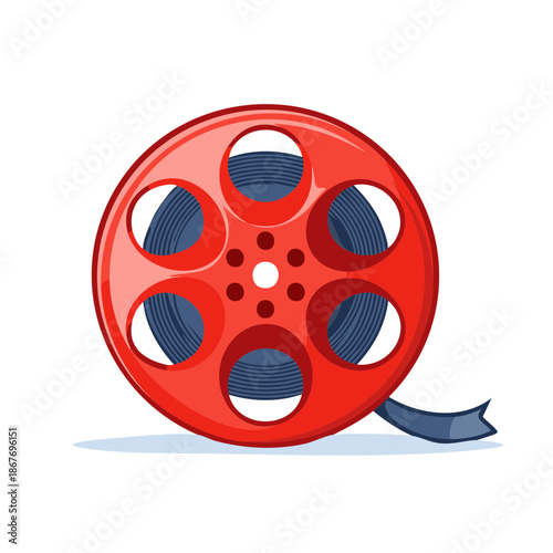 Cartoon Movie Film Reel Illustration with Shiny Red Spool and Filmstrip
