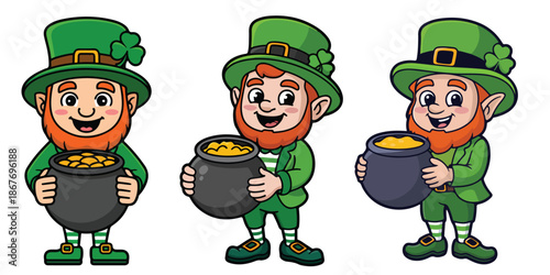 Three cartoon leprechauns with pots of gold coins wearing green hats and clothes smiling and holding cauldrons with gold coins