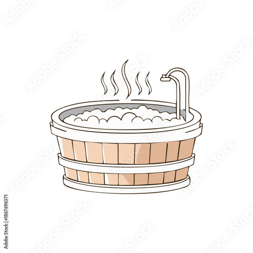 Hot wooden soaking tub filled with bubbles emitting steam, faucet included, spa treatment
