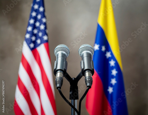Diplomacy microphones with US and Venezuela flags