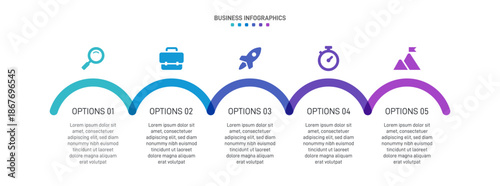 Progress bar featuring 5 arrow-shaped elements, symbolizing the five stages of business strategy and progression. Clean timeline infographic design template. Vector for mobile presentation.