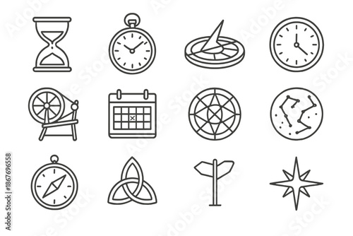 Icons of Time and Fate. Line style icons of destiny and time: hourglass, pocket watch, sundial, clock face; spinning wheel,
