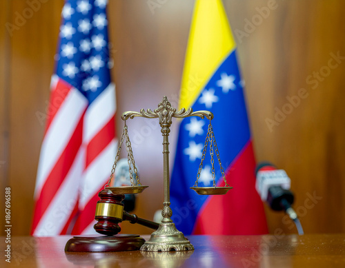 Justice symbols with US and Venezuela flags