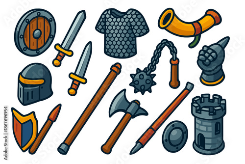 Medieval Weaponry Icons. Isometric vector illustration set Sword & Shield: aged wooden round shield, steel longsword, linked