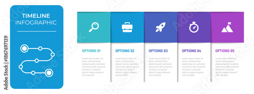 Progress bar featuring 5 arrow-shaped elements, symbolizing the five stages of business strategy and progression. Clean timeline infographic design template. Vector for mobile presentation.