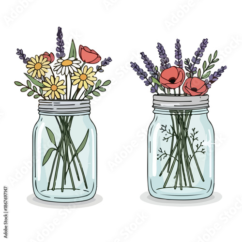 Two colorful flower arrangements in glass mason jars on white isolated on white background.