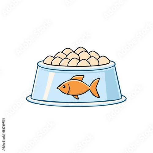 Delightful pet food bowl illustration filled with nutritious cat food, cartoon fish emblem adds whimsy for purrfect mealtime charm.