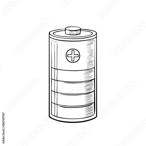 Sketch of a cylindrical battery with a plus symbol depicting power energy isolated on white background