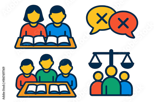 Harmonious Study Icons. Flat vector icons of calm academic teamwork: people studying in sync, shared table with open notebooks,