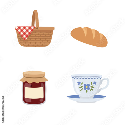 Delicious picnic setup with basket, bread, jam, and tea isolated on white background.