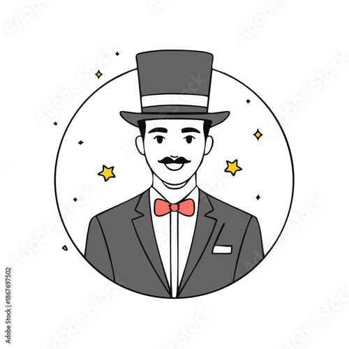 Cartoon illustration of a magician with top hat, bow tie, and moustache standing in a circle with stars.