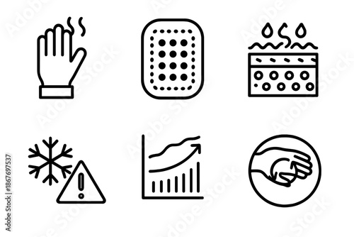 Frostbite Prevention Icons. Line style icons of frostbite prevention systems: thermal glove icon, skin sensor grid, protective