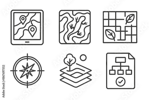 Ecological Planning Icons. Line style icons of ecological planning tools: mapping tablet, species distribution overlay, green