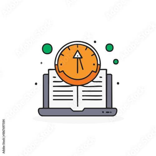 Open Laptop Computer with Time Clock Icon Digital Education Illustration
