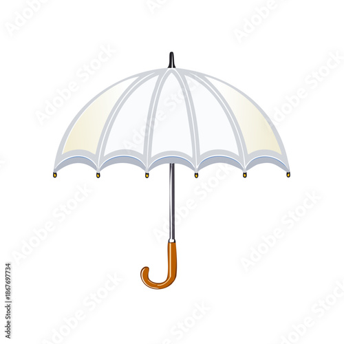 Elegant white umbrella protects from rain, detailed vector illustration of open protection, rainproof accessory against moisture and bad weather forecast