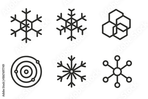 Crystalline Network Icons. Line style icons of crystalline unity networks: merged flake paths, shared pattern design, layered