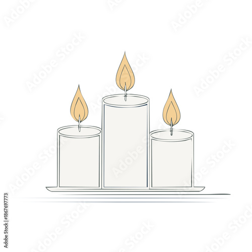 Elegant Candle Trio with Flickering Flames: Minimalist Sketch in Warm Yellow and Soft Gray Hues