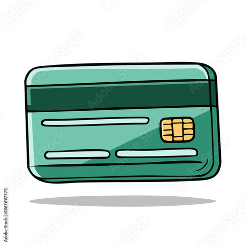 Cartoon-style Green Credit or Debit Card Illustration for Finance and Secure Transactions, featuring an Electronic Chip
