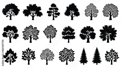 Variety of stylized black and white tree silhouettes in a grid pattern