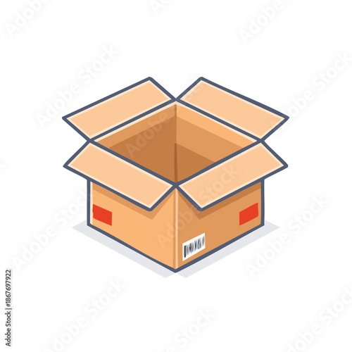 Illustrated empty open cardboard box icon, isometric view, delivery and shipping concept, unpacking boxes
