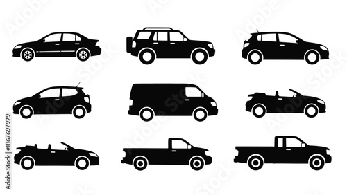 Black silhouette icons depicting various types of automobiles and vehicle designs