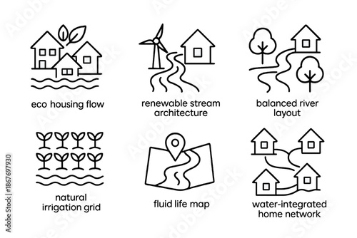 Sustainable Water Settlement Icons. Line style icons of sustainable water settlements: eco-housing flow, renewable stream