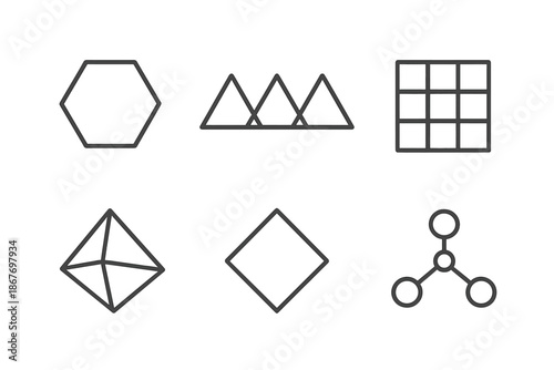 Geometric Harmony Icons. Line style icons of geometric harmony links: polygonal bond ring, aligned triangle connection,
