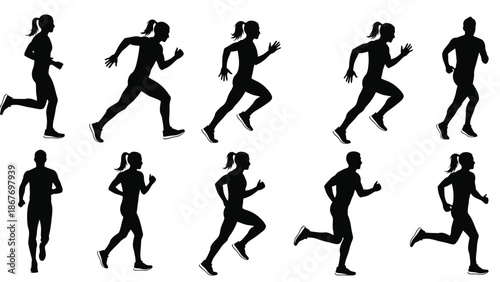 Silhouettes of people running depicting motion and athletic activity
