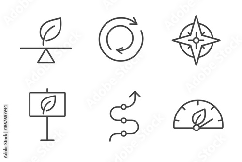 Natural Shift Icons. Line style icons of natural shift indicators: balanced motion leaf, cyclical breeze dial, organic change