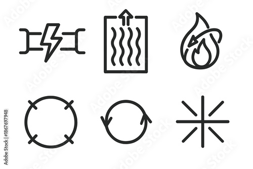 Anger Energy Icons. Line style icons of anger energy redirectors: dynamic power conduit, venting channel diagram, controlled flame