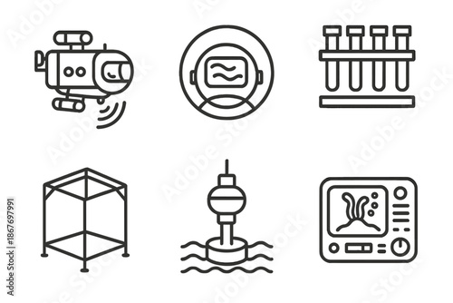Deep-Sea Exploration Icons. Line style icons of deep-environment exploration systems: submersible scanner unit, thermal imaging