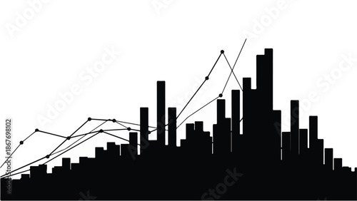 Black cityscape silhouette with graph lines and dots on white background, modern urban landscape with data visualization elements, business and finance concept